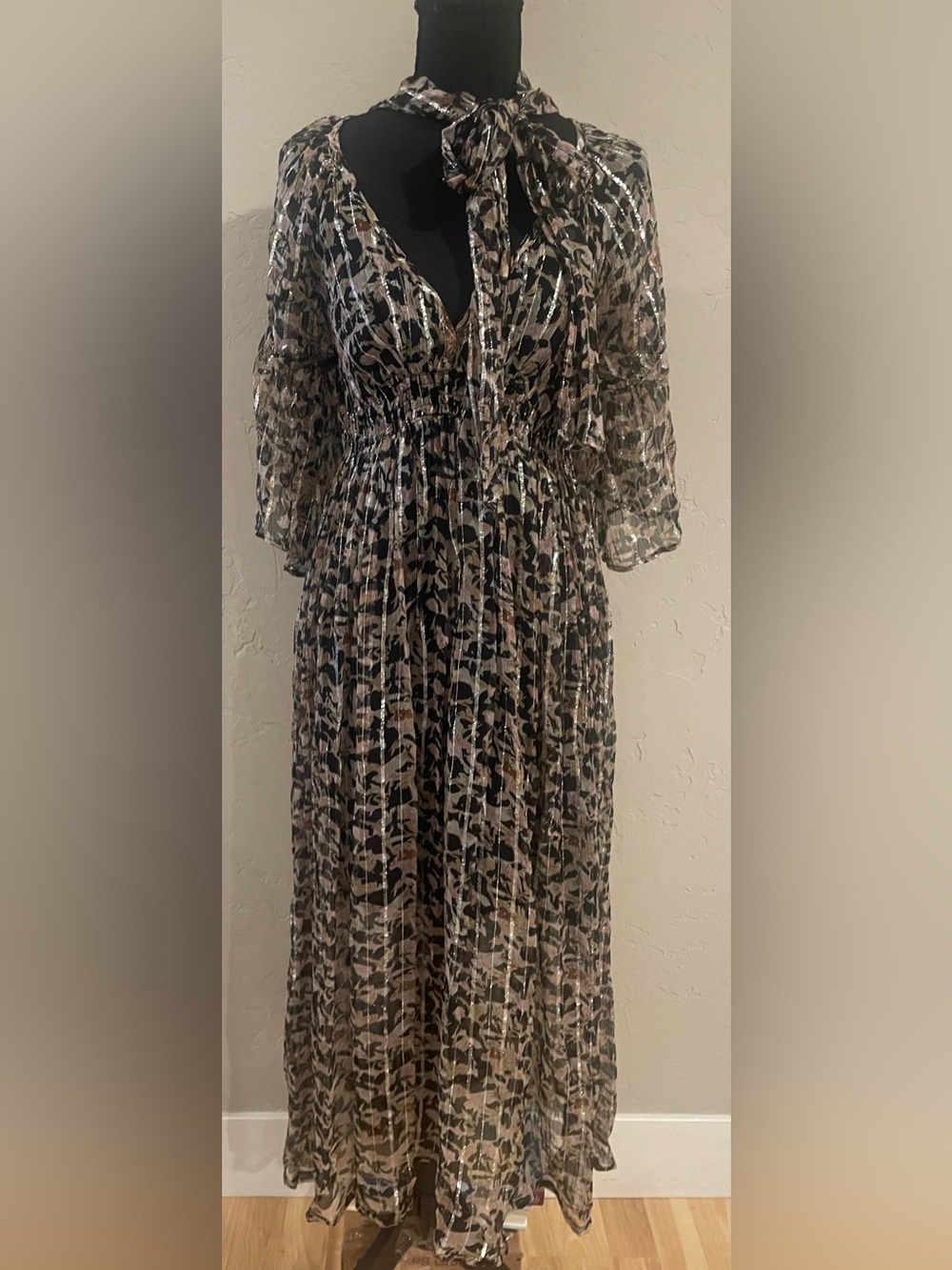 Neutral Animal-Print Chiffon Tie-Neck Midi Dress w/ shimmer thread detail XS